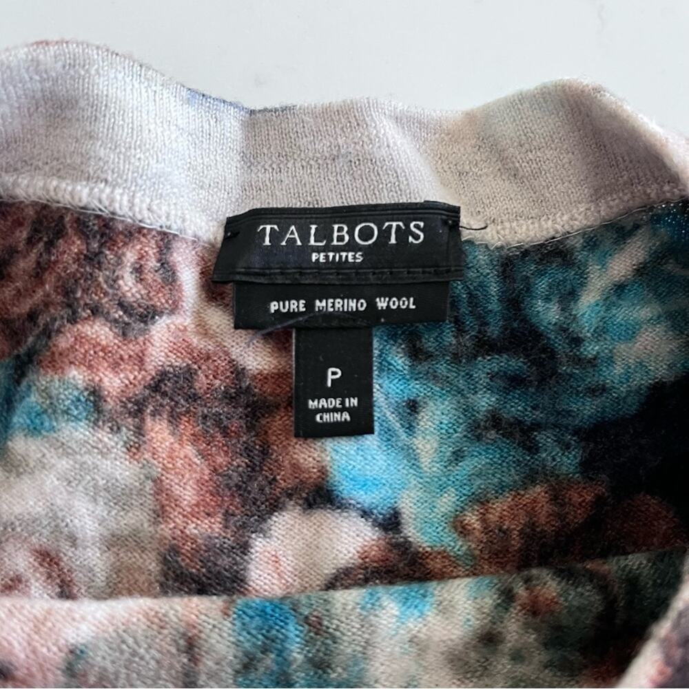 Talbots Petite Floral Rose Print Wool Pullover Sweater | Brown & Teal Pullover - Picture 2 of 7